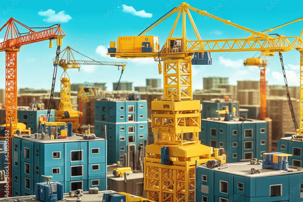 Yellow Building Construction Cranes on a Blue Sky Background. Generative AI