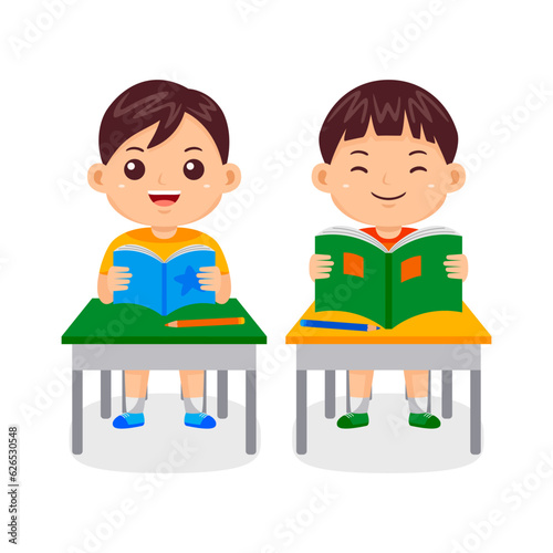 Boy Kids Reading Book Vector Illustration