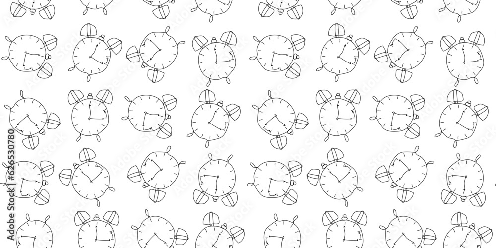 One Line Clock seamless pattern on white background. Line Art Watch Wallpaper. Simple black outline Alarm clock in continuous line style. Hand drawn doodle hours. Vector illustration. One Line Clock seamless pattern on white background. Line Art Watch Wallpaper. Simple black outline Alarm clock in continuous line style. Hand drawn doodle hours. Vector illustration.