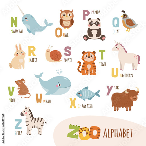 Cute cartoon zoo alphabet for kids. English alphabet with funny animals. Vector illustration