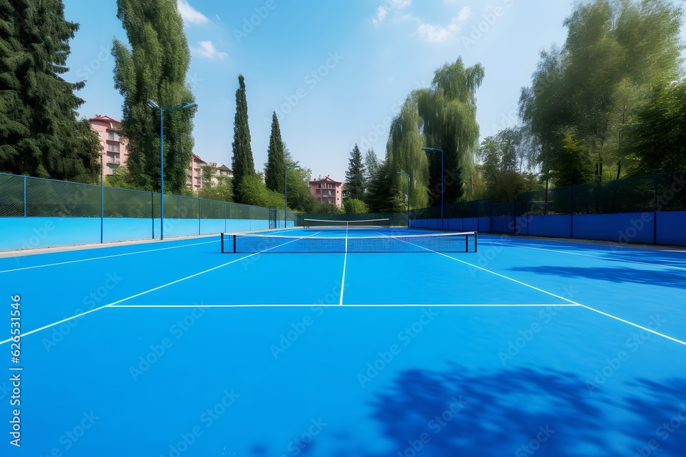 Empty blue color hard tennis court outdoor low angle view. Generative AI.