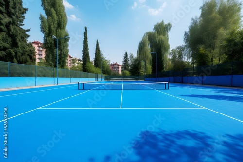 Empty blue color hard tennis court outdoor low angle view. Generative AI. © Bonsales