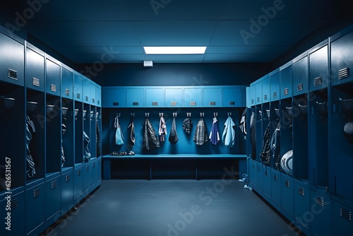 Obraz na plátne Sports equipment in blue empty locker room low angle photo