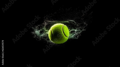 Freeze shot of tennis ball containing green powder in motion isolated on black background. Generative AI. © Bonsales