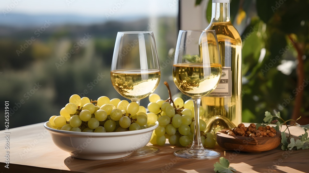 Glasses of white wine and ripe grapes on table in vineyard Glasses of white wine and ripe grapes on table in vineyard