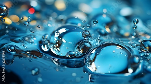 Water drops on a blue water background. 