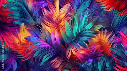 Creative fluorescent color layout made of tropical leaves. Nature concept. Minimal summer abstract jungle or forest pattern © Sunny 5