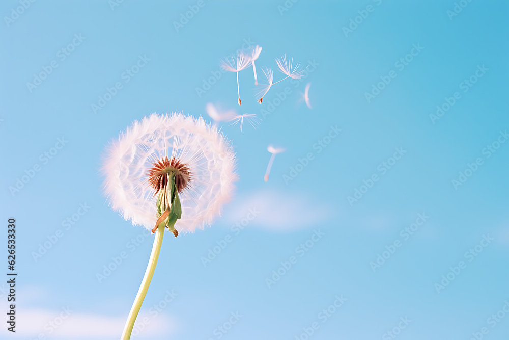 Fototapeta premium Dandelion, blue sky background. Minimal spring concept