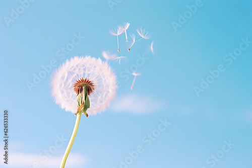 Dandelion  blue sky background. Minimal spring concept