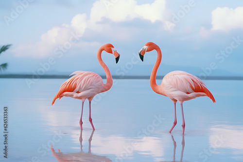 Two flamingos in the shallow sea. Minimal summer tropical concept. Creative layout. Blue and pink