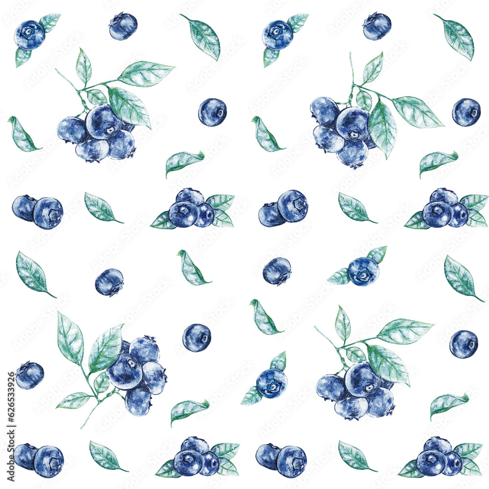 Fototapeta premium Berries, Blossomswers & Leaves Seamless Pattern | Fruit Beeren Muster, Stoffdesign, wiederholen Fliese, Surface Muster, 