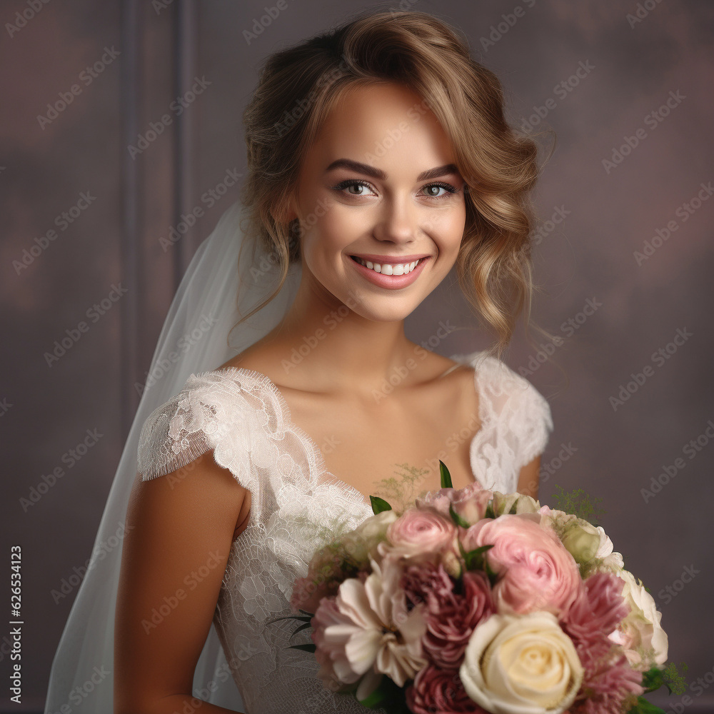 Naklejka premium Beautiful bride in wedding dress with a bouquet of flowers.