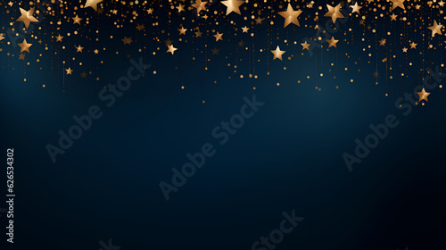 Christmas and New Year festive background. Golden stars and gilded ribbons on dark blue background with copy space for text. The concept of Christmas and New Year holidays © Tetiana