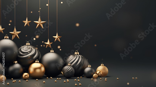 Christmas and New Year minimalistic background. Golden and black Glass Balls hanging on ribbon on black background with copy space for text. The concept of Christmas and New Year holidays