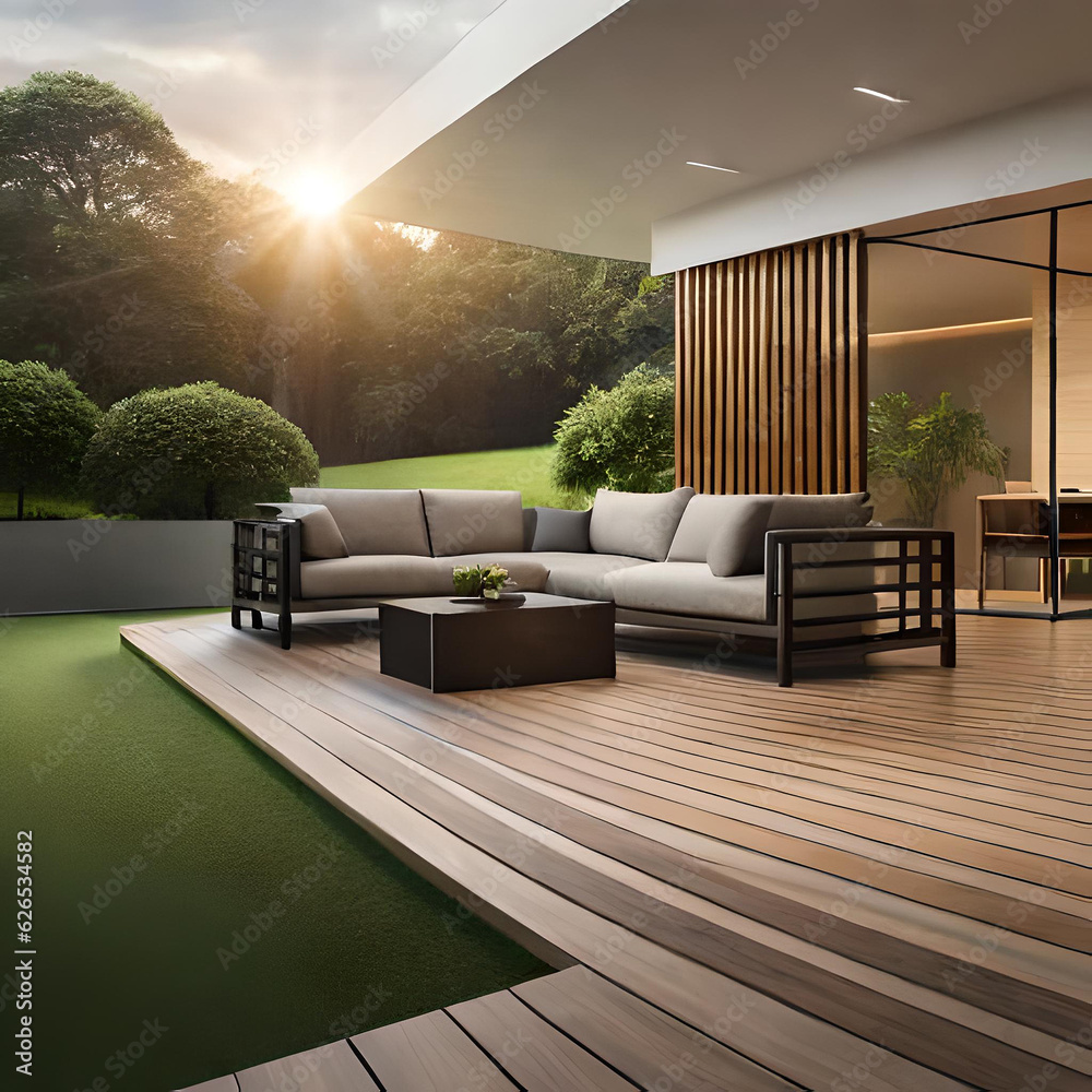 hyper realistic terrace with dark bamboo decking and cladding Stock ...