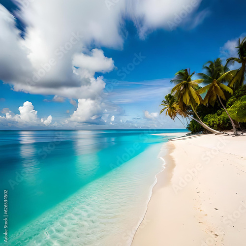 An idyllic perfect beach  white sand  gently wavy and foamy sea.  hyper detailed  high resolution 