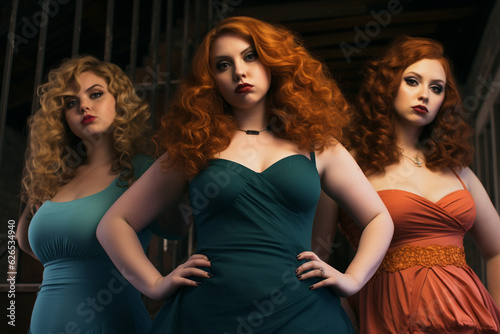 Beautiful curvy women wearing dresses and posing in a dark background