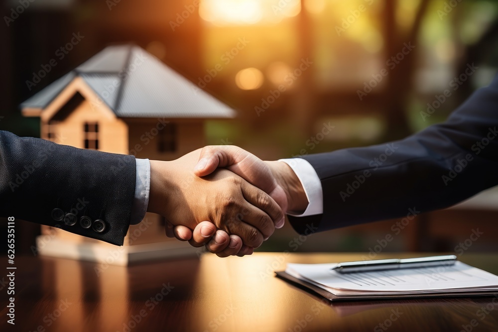 Shake hand Real estate brokerage agent Deliver a sample of a model house to the customer, mortgage loan agreement Making lease and buy house concept. copy space. Made With Generative AI.