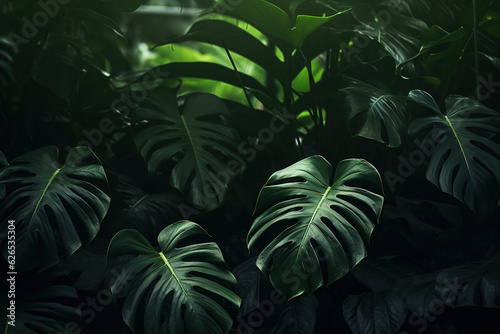Generative ai  Monstera green leaves or Monstera Deliciosa in dark tones  background or green leafy tropical