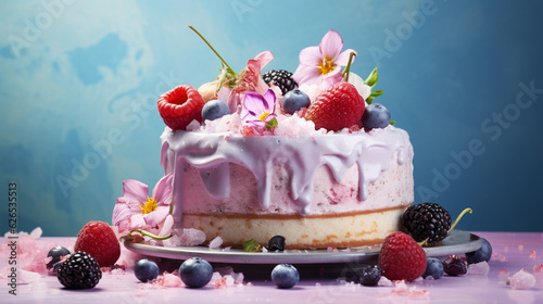 Ice Cream Cake with Multiple Layers and Graham Cracker Crusts - Melting Whipped Frosting with Cold Berries Fruits - Flower Decorations on Vintage Pastel Blue Gradient Background - Generative AI