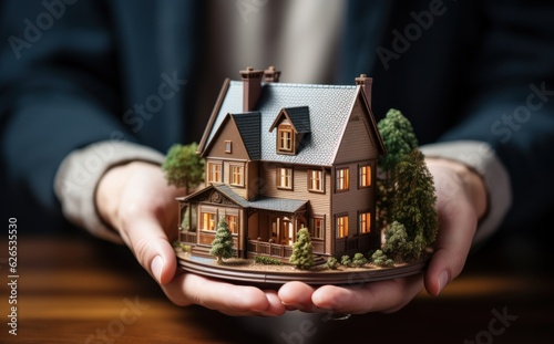House layout. Hand holding a model house, real estate concept. Background with a copy space. Made With Generative AI.