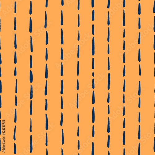 Hand drawn seamless pattern with blue dottd lines vertical on orange background. Abstract geometric print in modern minimal minimalist style, bright colorful contemporary design for fabric wrapping photo