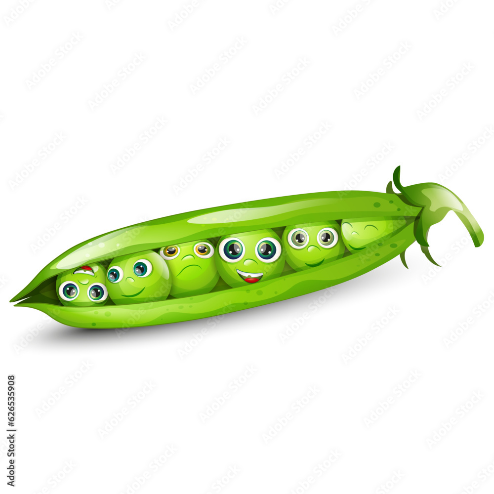 Pease vector character on white background. Cute beans. Funny cartoon character	