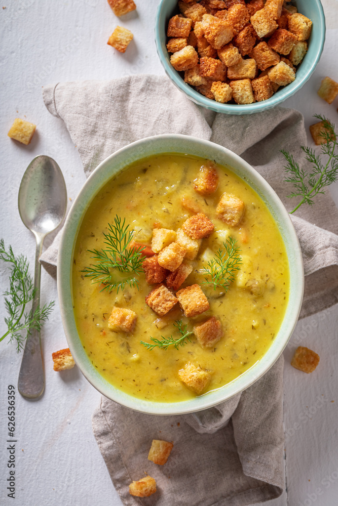 Homemade gherkins soup is a traditional Polish soup. Homemade gherkins soup is a traditional Polish soup.