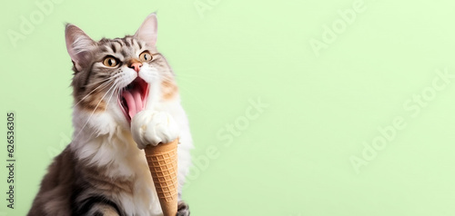 Happy cat with ice cream on a colored background.
