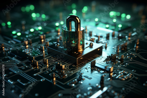 Cybersecurity concept depicting a padlock on top of a microchip board, symbolizing protection, safety, and secure connections in the digital world. Generative AI