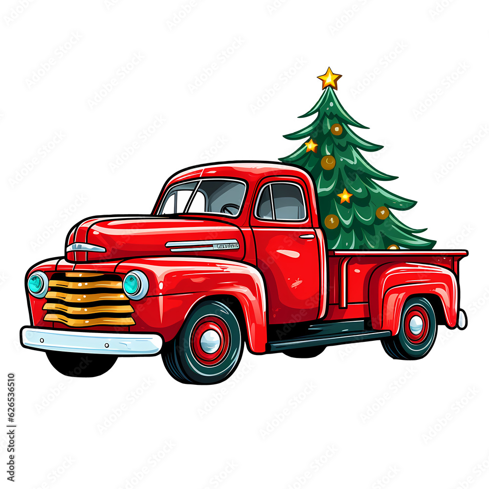 Red Retro Truck With Christmas Tree