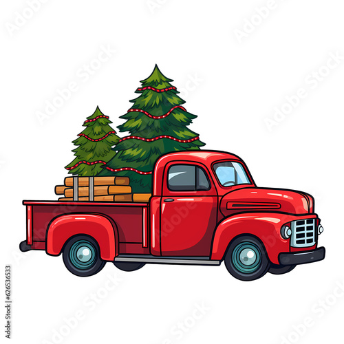 Red Retro Truck With Christmas Tree