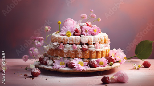 Wallpaper Mural Beautifully Decorated Lady Finger Cake with Decorative Flowers in Pastel Color Tones - Generative AI Torontodigital.ca