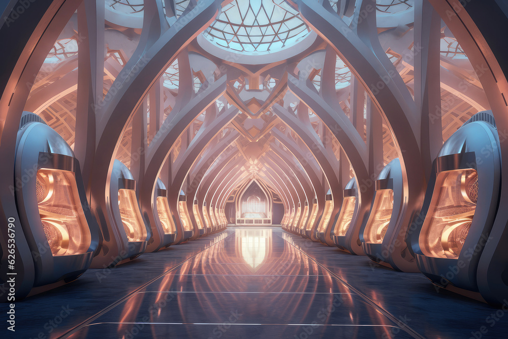 Futuristic Islamic Inspired Space Hall Interior extreme closeup. Generative AI
