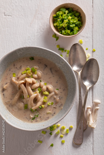 Creamy mushroom shimeji soup as Asian cuisine.