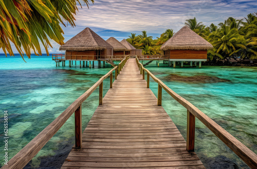 The Walkway Leading into the Coconut Huts in the Maldives Island extreme closeup. Generative AI © doomu
