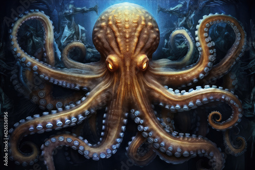 Octopus with Large Eyes Swimming Deep Ocean Water extreme closeup. Generative AI © doomu