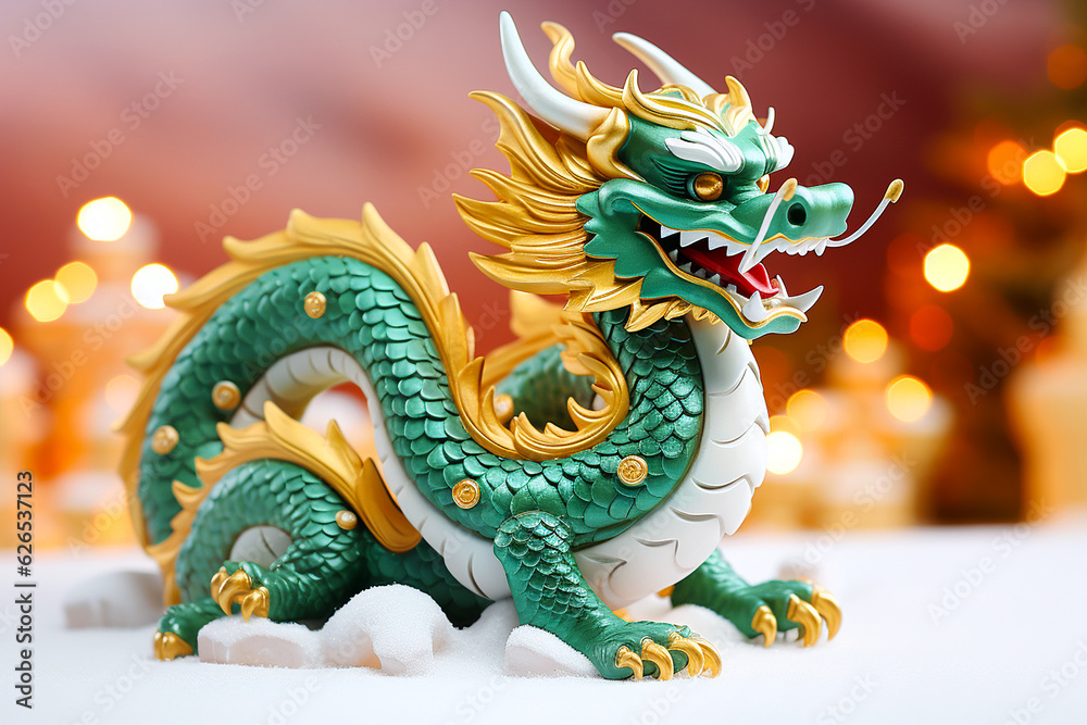 Obraz premium Traditional chinese dragon on festive golden bokeh background. Statuette of a green wooden dragon, 2024 New Year symbol. Chinese New Year, Christmas, winter holidays postcard. Green wooden dragon 2024
