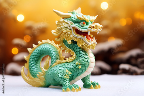 Traditional chinese dragon on festive golden bokeh background. Statuette of a green wooden dragon  2024 New Year symbol. Chinese New Year  Christmas  winter holidays postcard. Green wooden dragon 2024