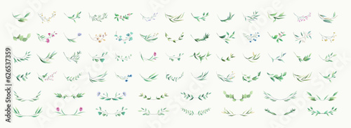 Set of luxury green leaves and flowers elements in watercolor style. Aquarelle trendy greenery branches and blooming. Vector isolated on white background for Invitation, greeting