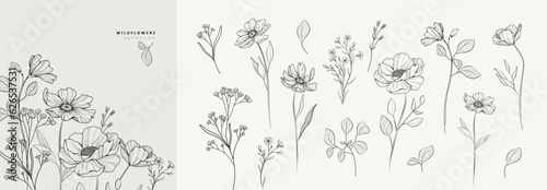 Floral branch and minimalist flowers for logo or tattoo. Hand drawn line wedding herb, elegant leaves #626537531