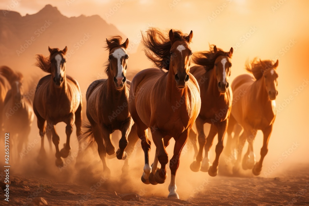 Group of horses running gallop in the desert. Generative AI