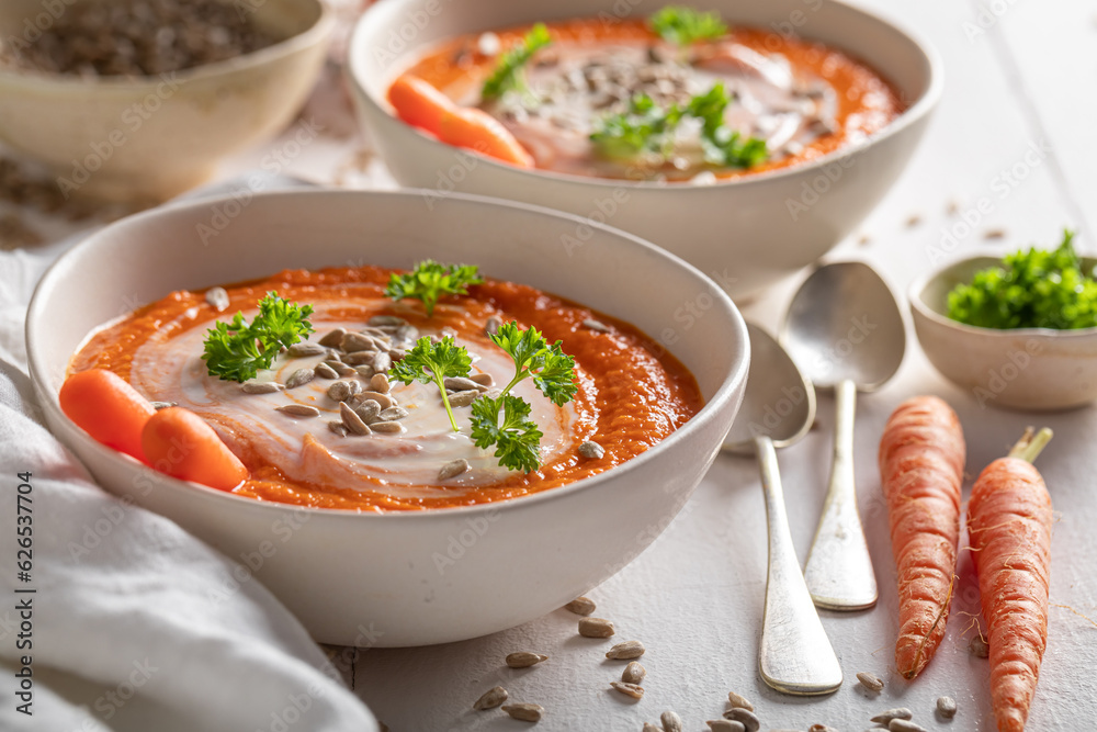 Vegan carrot soup as spring and fresh appetizer. Vegan carrot soup as spring and fresh appetizer.