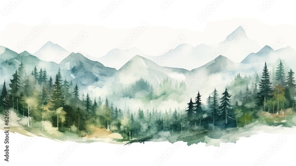 Watercolor painting of beautiful mountains. Generative AI