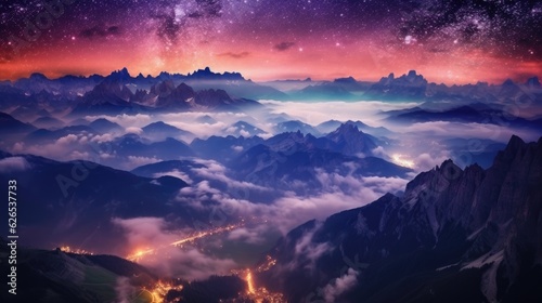 Landscape with alpine mountain valley and starry sky, Dolomites, Italy. Generative AI