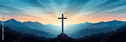 Silhouette of a cross on a hill in a mountain landscape at sunset. Generative AI