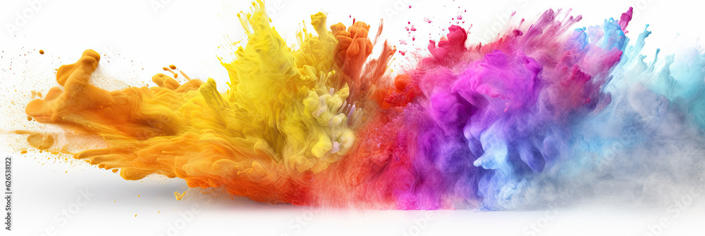 Multicoloured holi powder explosion on a white background. Panoramic view. Generative AI