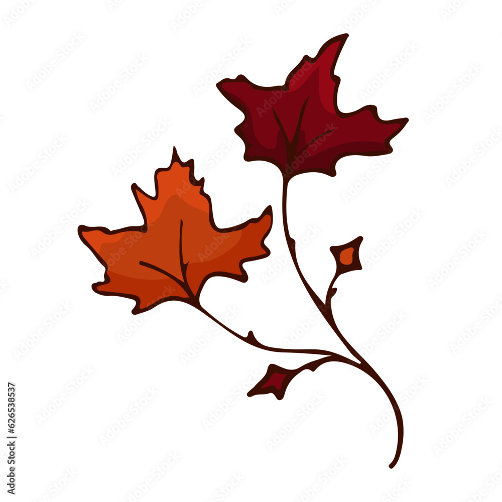 Fototapeta premium Doodle single autumn colors branch with maple leaf. Twig plant, herb. Vector illustration element.