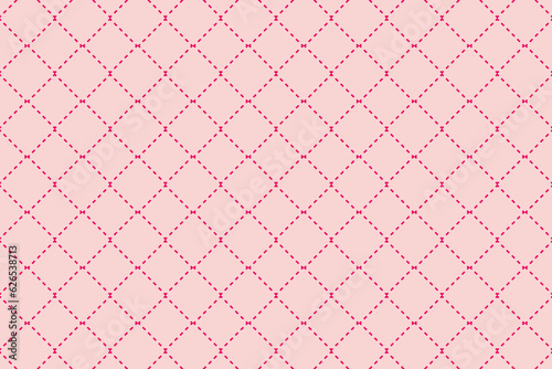 Pink criss cross dashed line rhombus grid pattern. Crossed lines dashed quilted square structure background. Diamond rhombuses dash stripes vector illustration.