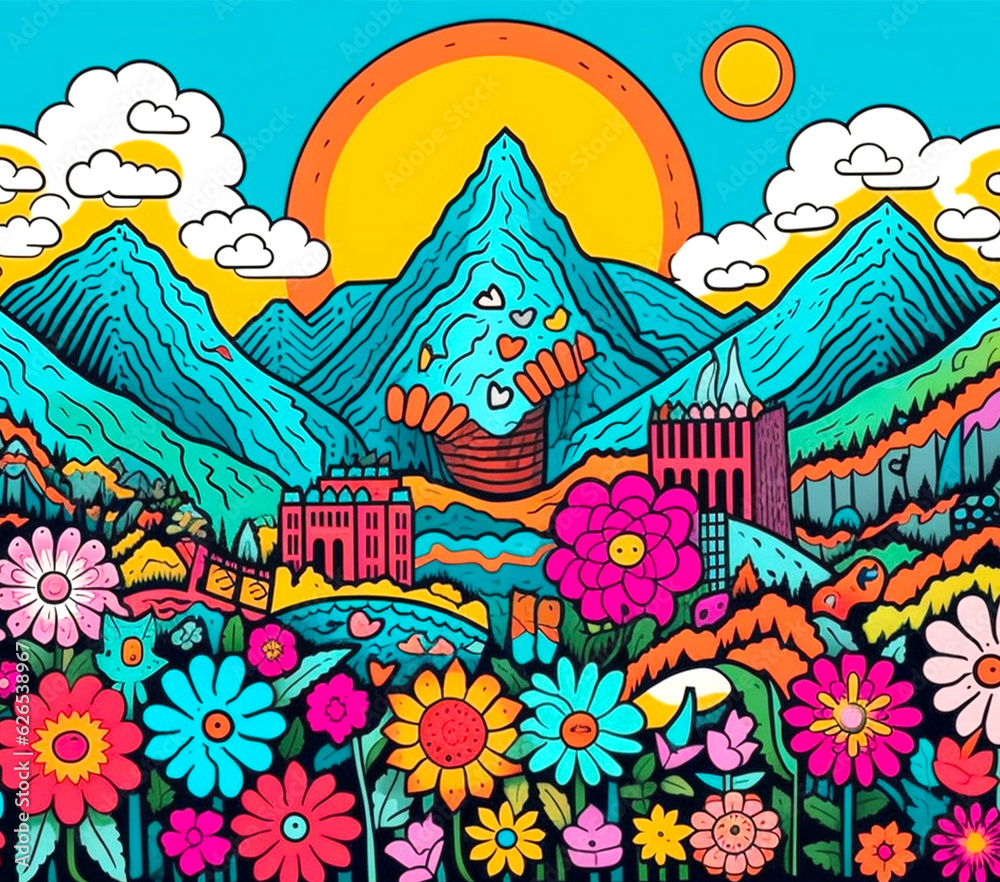 Psychedelic doodle landscape with flowers